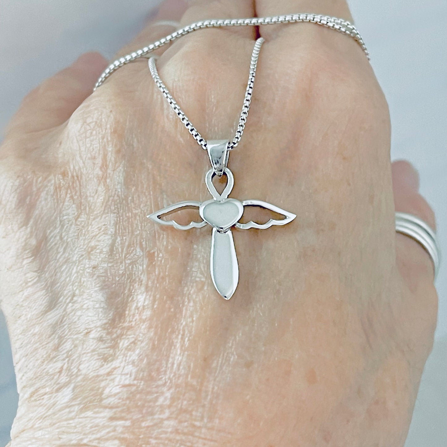 Sterling Silver Heart Angel Wings Cross Necklace | Religious Dainty Jewelry