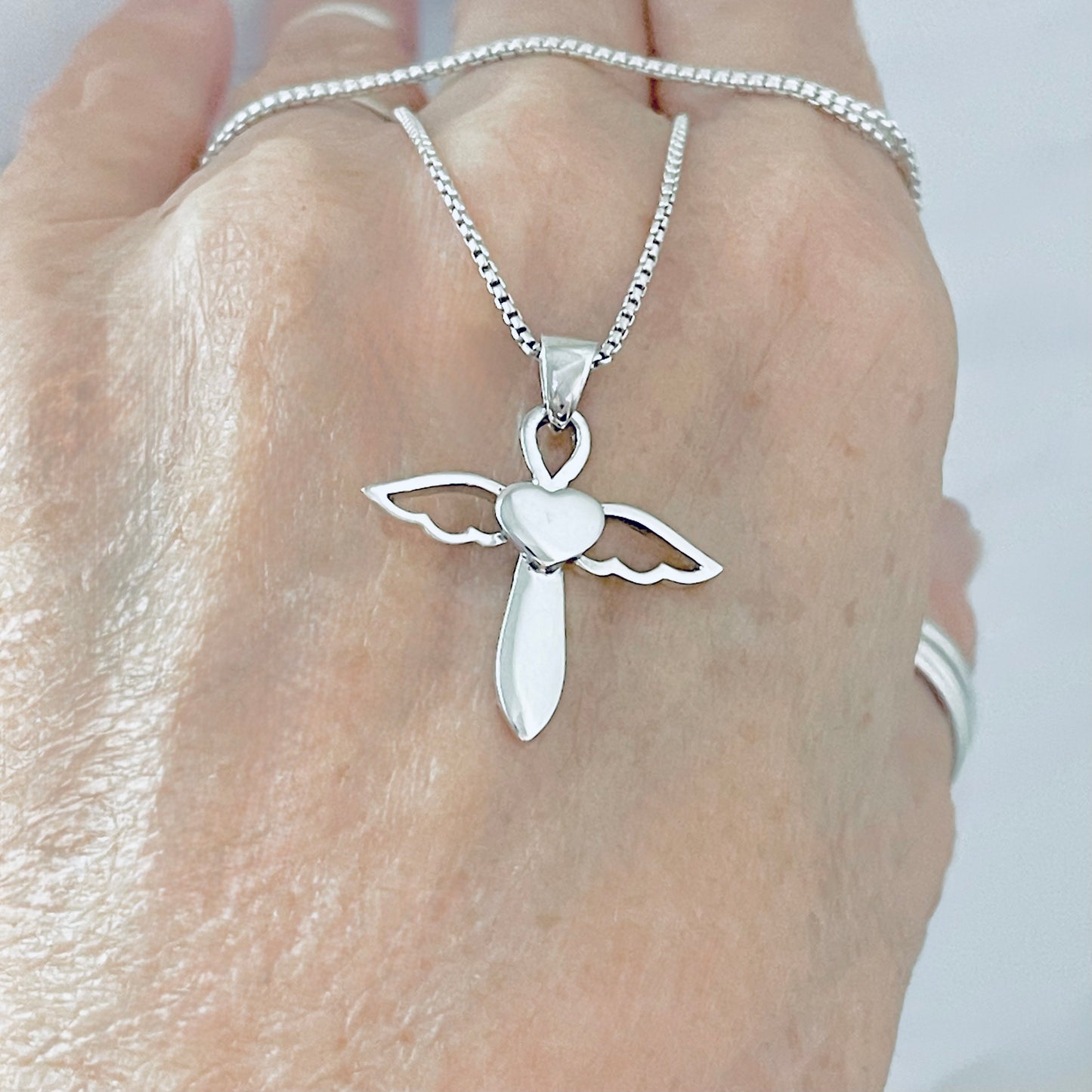 Sterling Silver Heart Angel Wings Cross Necklace | Religious Dainty Jewelry
