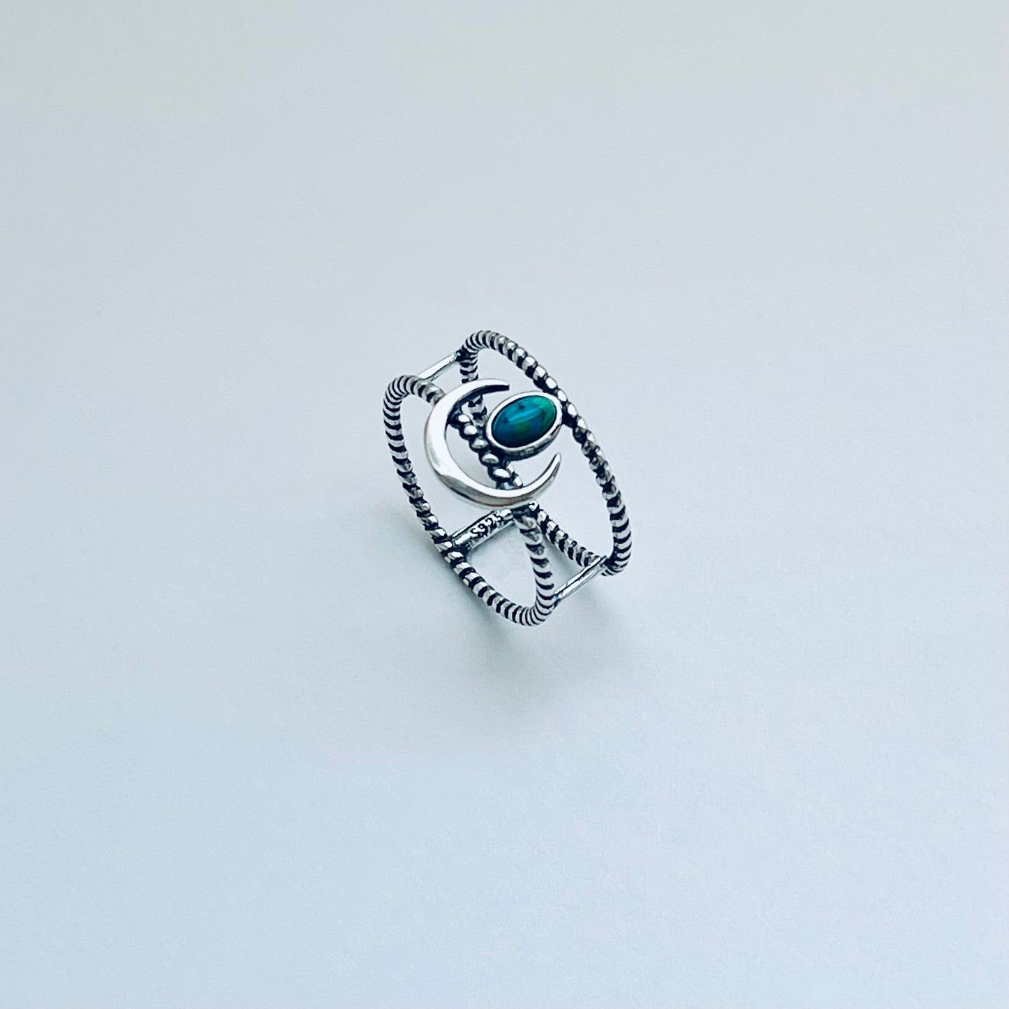 Sterling Silver Rope Caged Band with Crescent Moon and Turquoise Ring, Celestial Jewelry