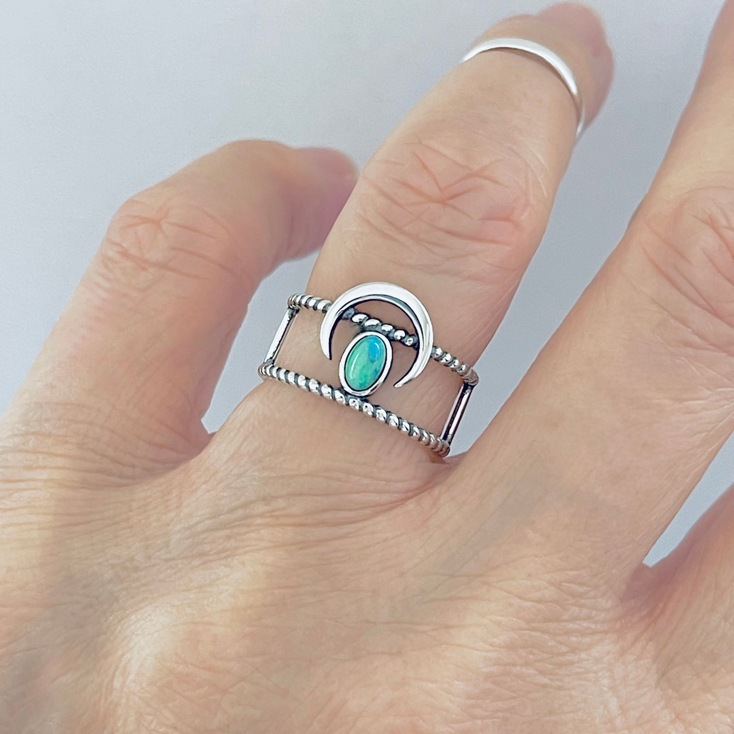Sterling Silver Rope Caged Band with Crescent Moon and Turquoise Ring, Celestial Jewelry