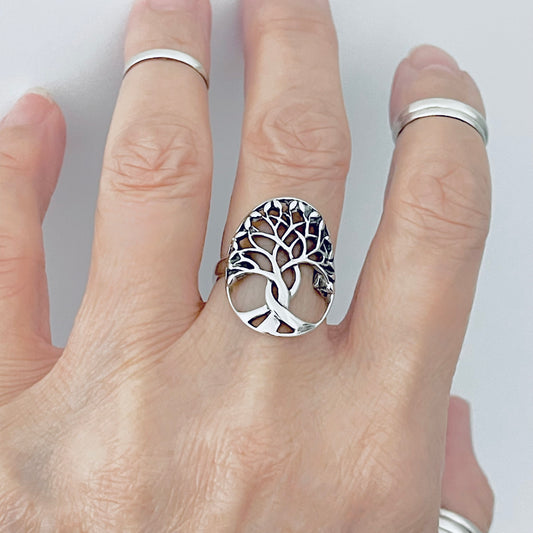 925 Sterling Silver Large Tree of Life Statement Ring | Leaf Boho Fortune Silver Rings