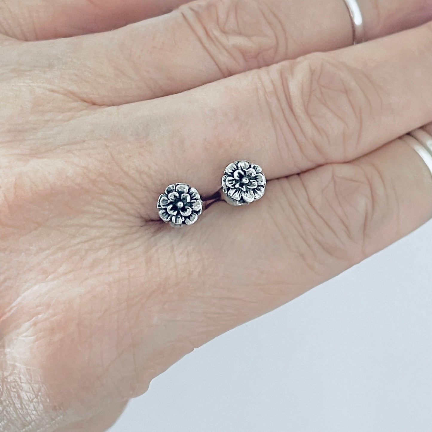 925 Sterling Silver Small Dahlia Flower Stud Earrings | Triple Layer Zinnia & Floral Jewelry