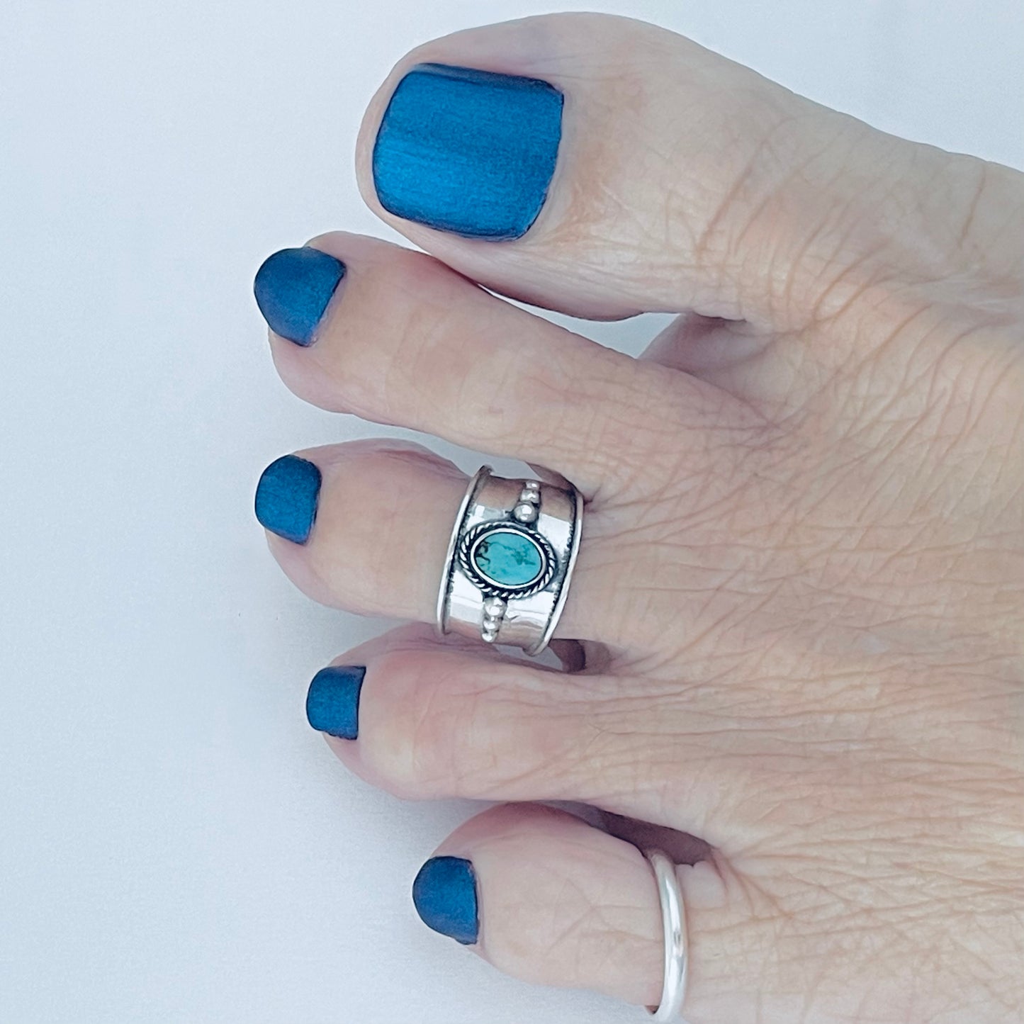 Sterling Silver Bali Style Genuine Turquoise Toe Ring – Boho Statement Stone Rings
