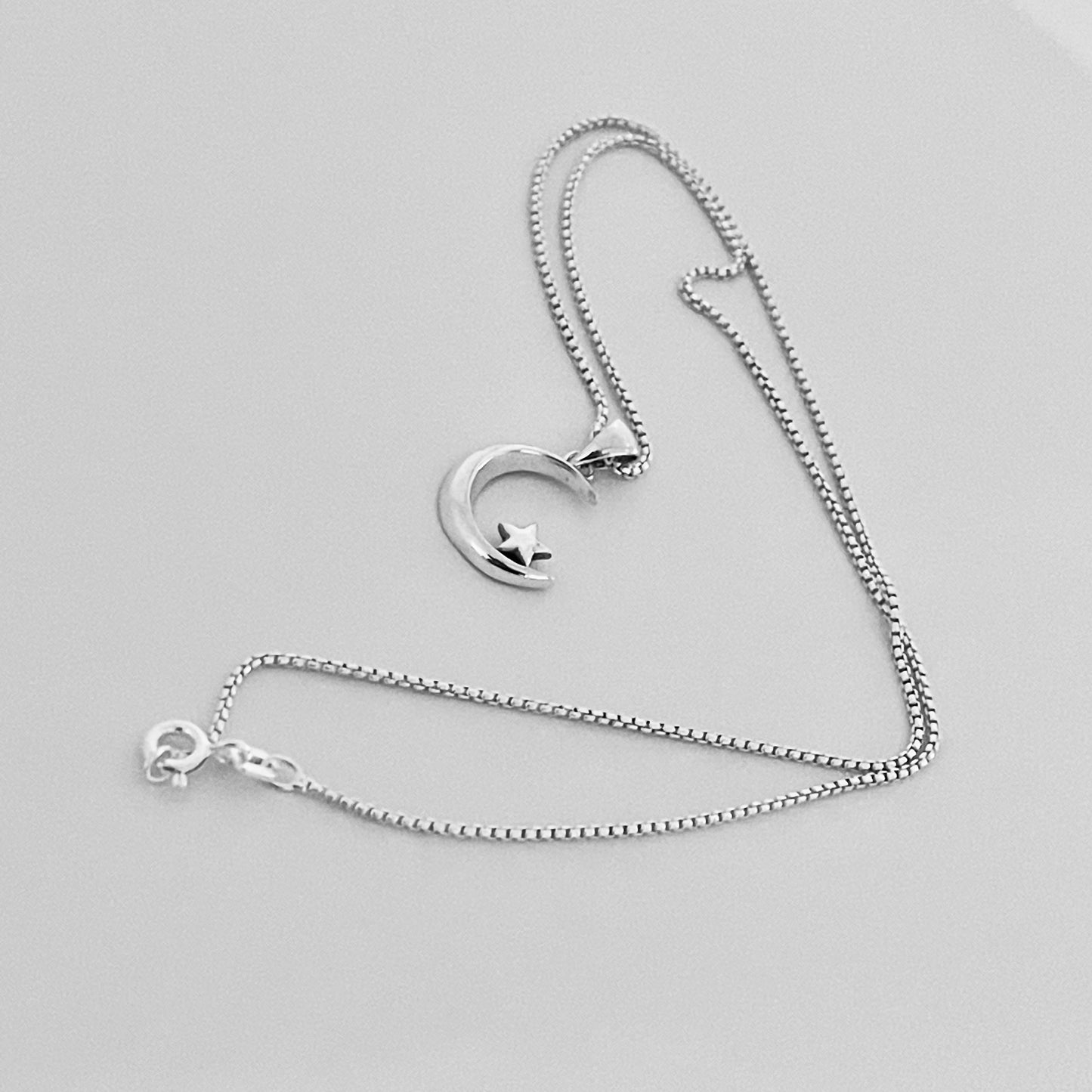 Sterling Silver Crescent Moon and Little Star Necklace, Silver Necklaces, Celestial Chains