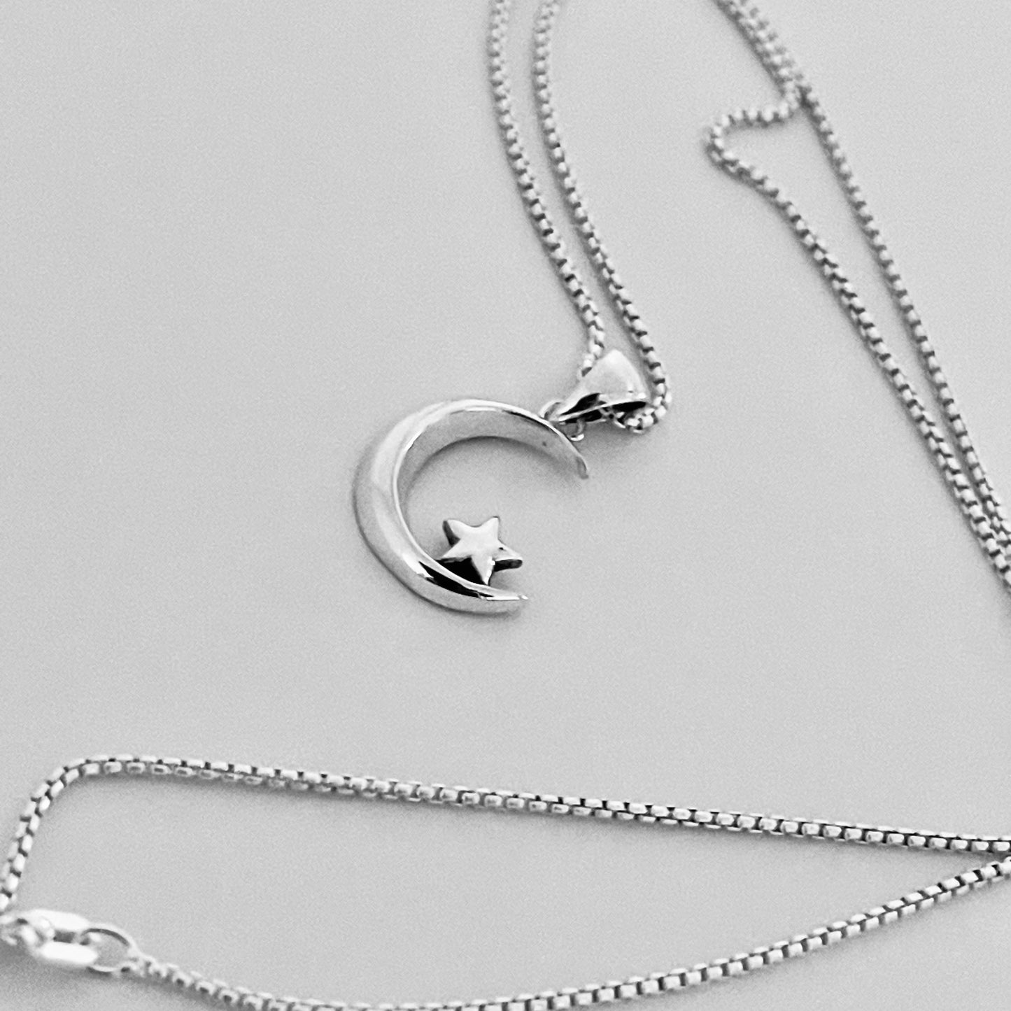 Sterling Silver Crescent Moon and Little Star Necklace, Silver Necklaces, Celestial Chains