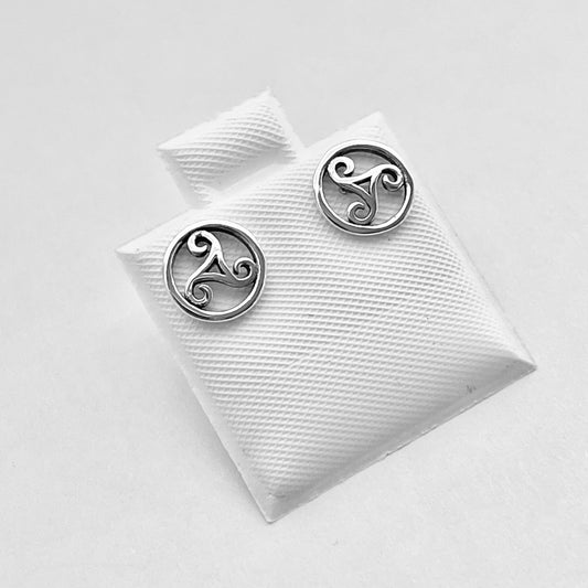 Sterling Silver Round Triskele Stud Earring, Spiral Earrings, Celtic Silver Earrings