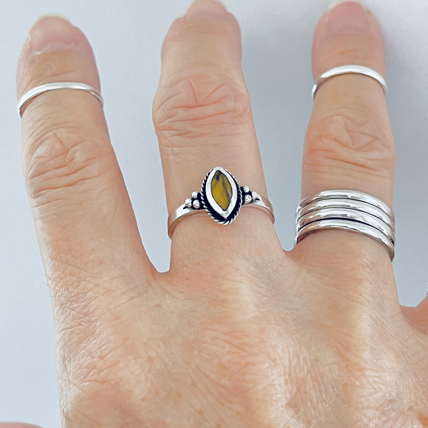 925 Sterling Silver Diamond Shape Tiger's Eye Ring | Boho Protection Stone Rings