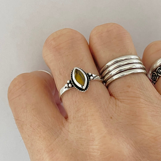 Sterling Silver Small Diamond Shape Tiger Eye Ring with Braid and Beads, Protection Stone Rings, Energizer Ring