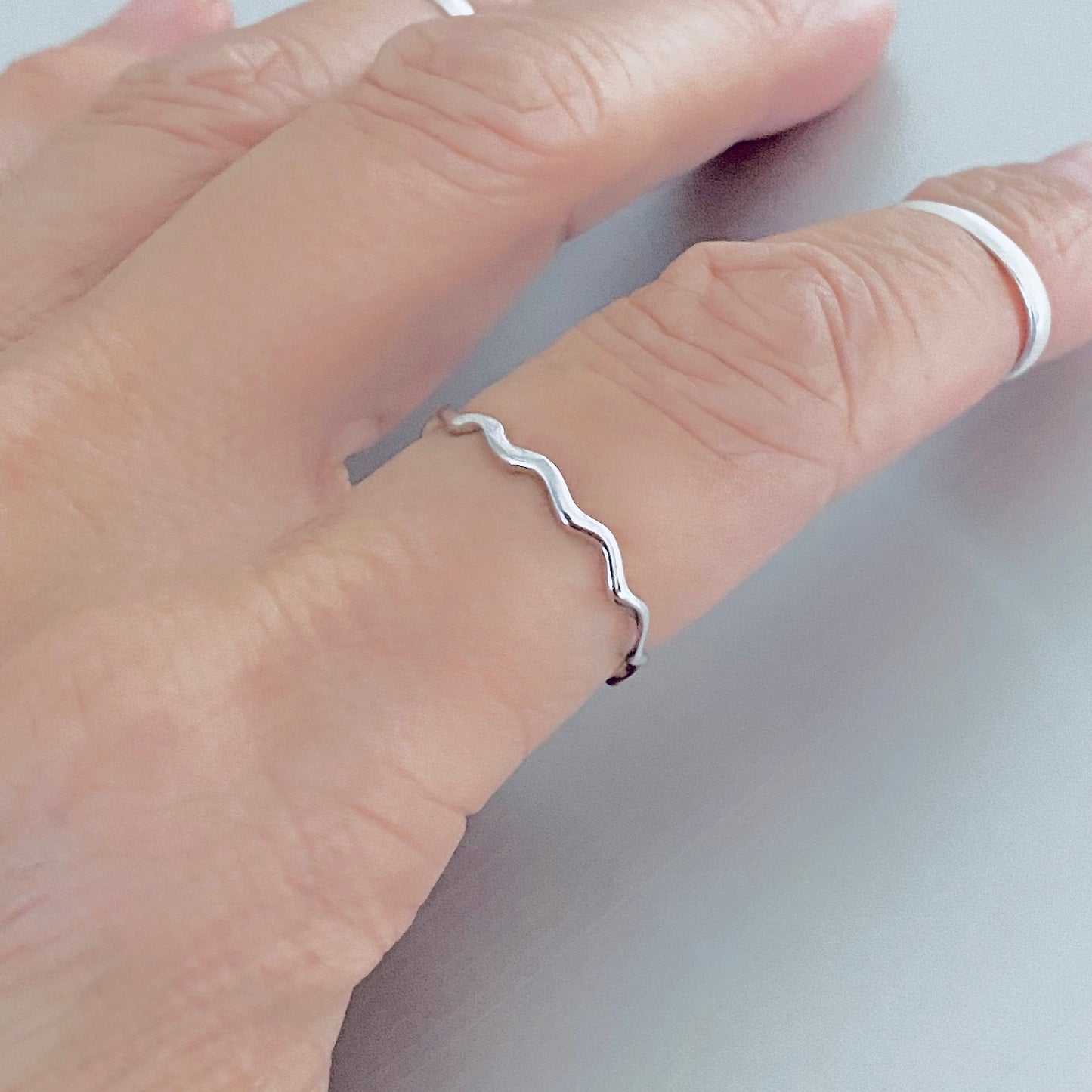 Sterling Silver Dainty Wave Band Ring – Minimalist Ocean Waves Stackable Silver Bands