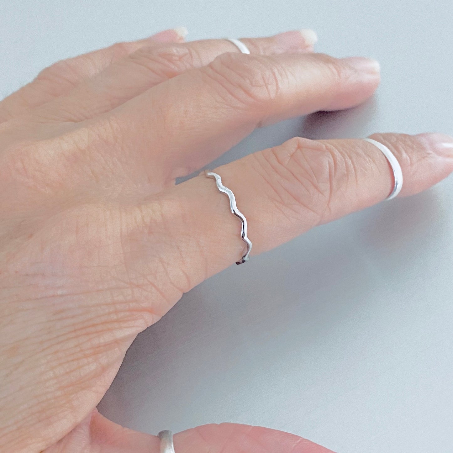 Sterling Silver Dainty Wave Band Ring – Minimalist Ocean Waves Stackable Silver Bands