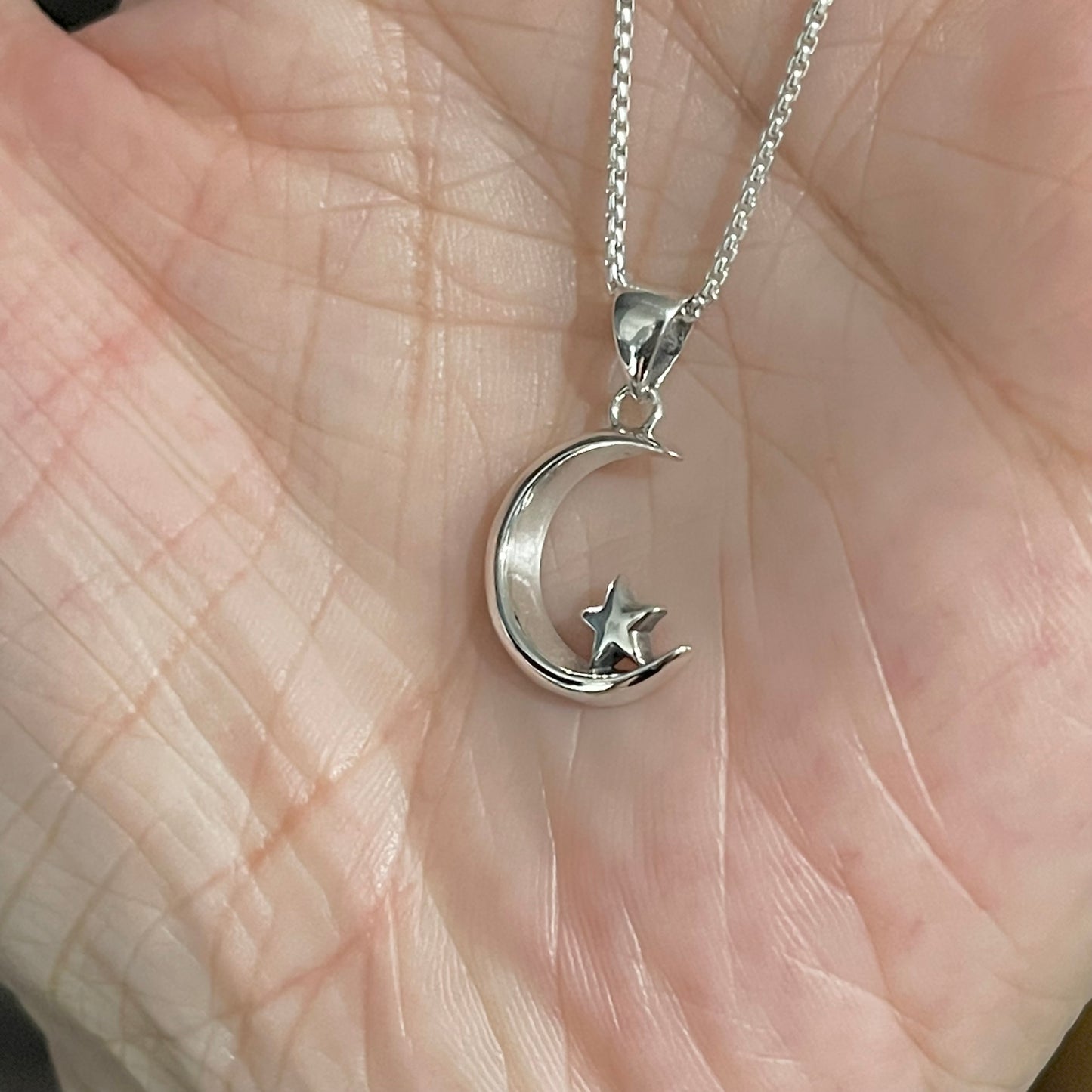 Sterling Silver Crescent Moon and Little Star Necklace, Silver Necklaces, Celestial Chains