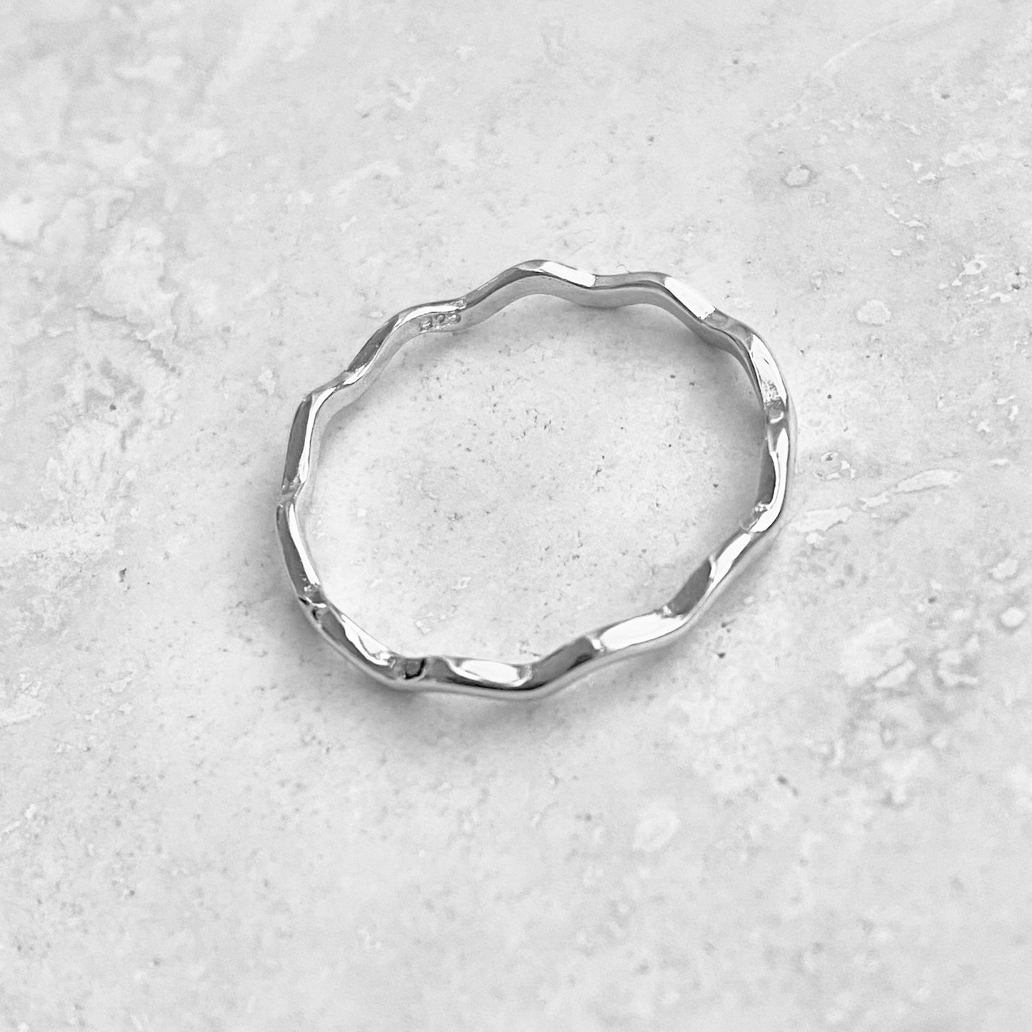 Sterling Silver Dainty Wave Band Ring – Minimalist Ocean Waves Stackable Silver Bands