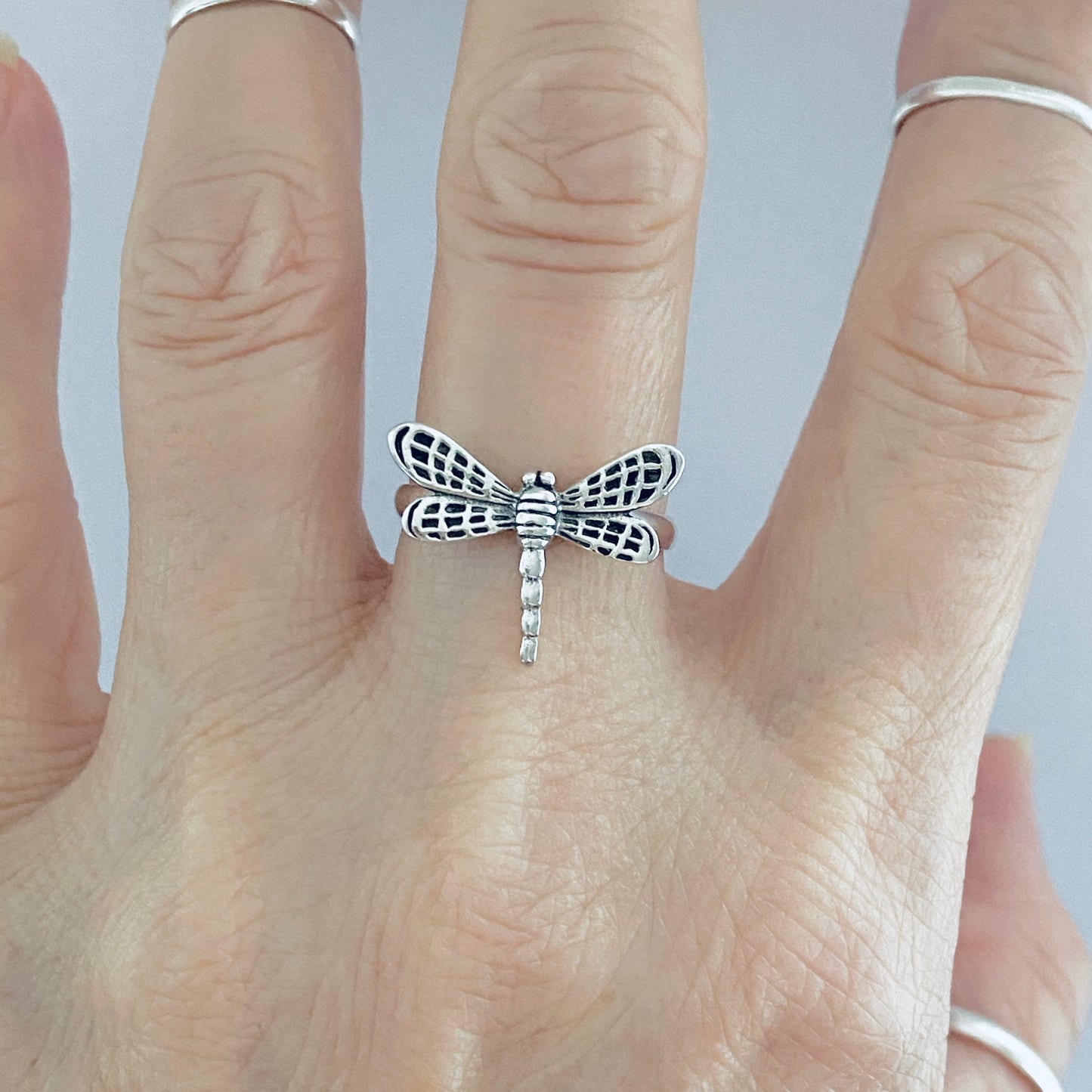 Sterling Silver Flying Dragonfly Ring with Checkered Wings, Bug Rings, Spirit Insect Jewelry