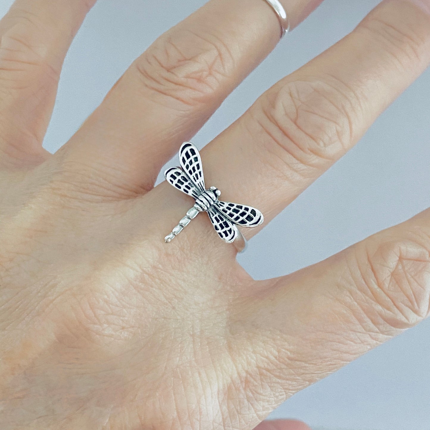 Sterling Silver Flying Dragonfly Ring with Checkered Wings, Bug Rings, Spirit Insect Jewelry