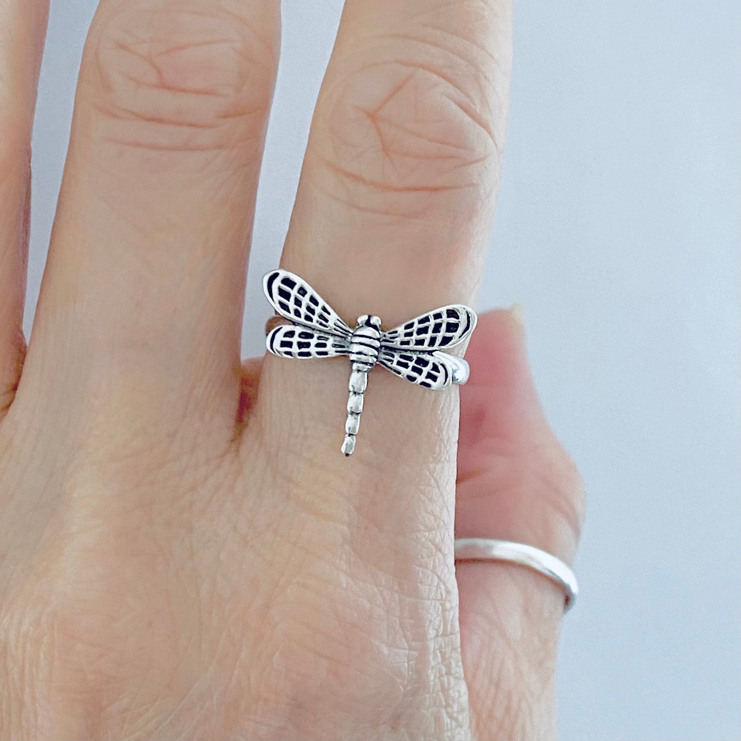 Sterling Silver Flying Dragonfly Ring with Checkered Wings, Bug Rings, Spirit Insect Jewelry