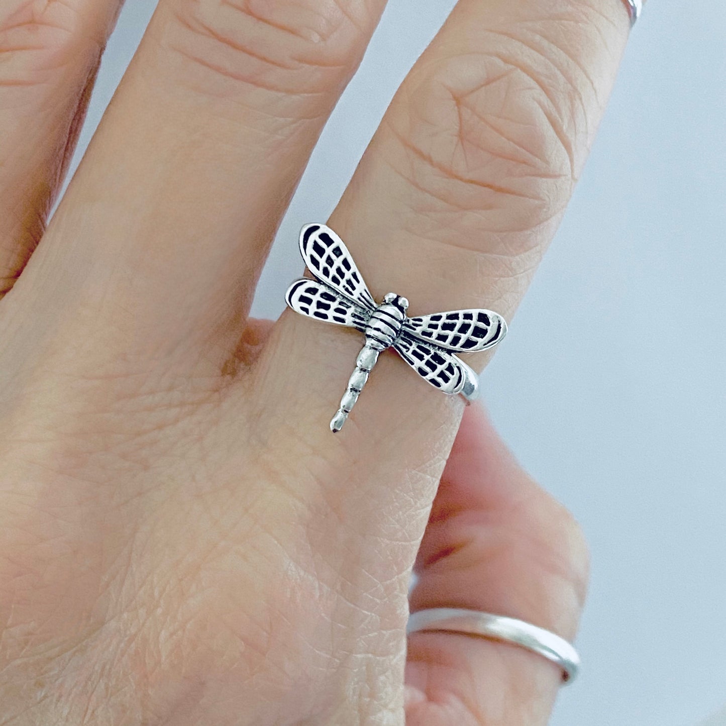Sterling Silver Flying Dragonfly Ring with Checkered Wings, Bug Rings, Spirit Insect Jewelry
