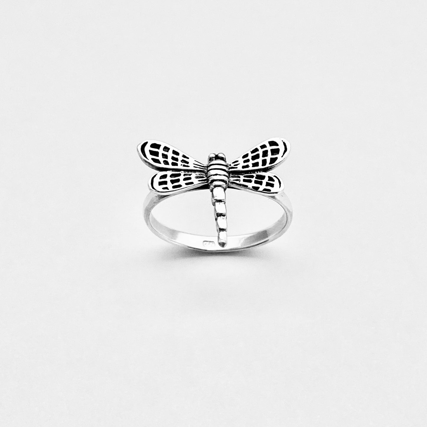 Sterling Silver Flying Dragonfly Ring with Checkered Wings, Bug Rings, Spirit Insect Jewelry