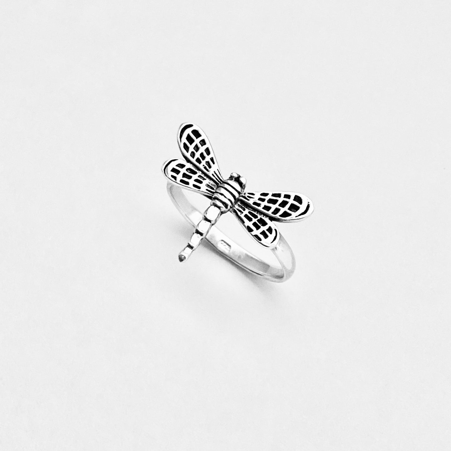 Sterling Silver Flying Dragonfly Ring with Checkered Wings, Bug Rings, Spirit Insect Jewelry