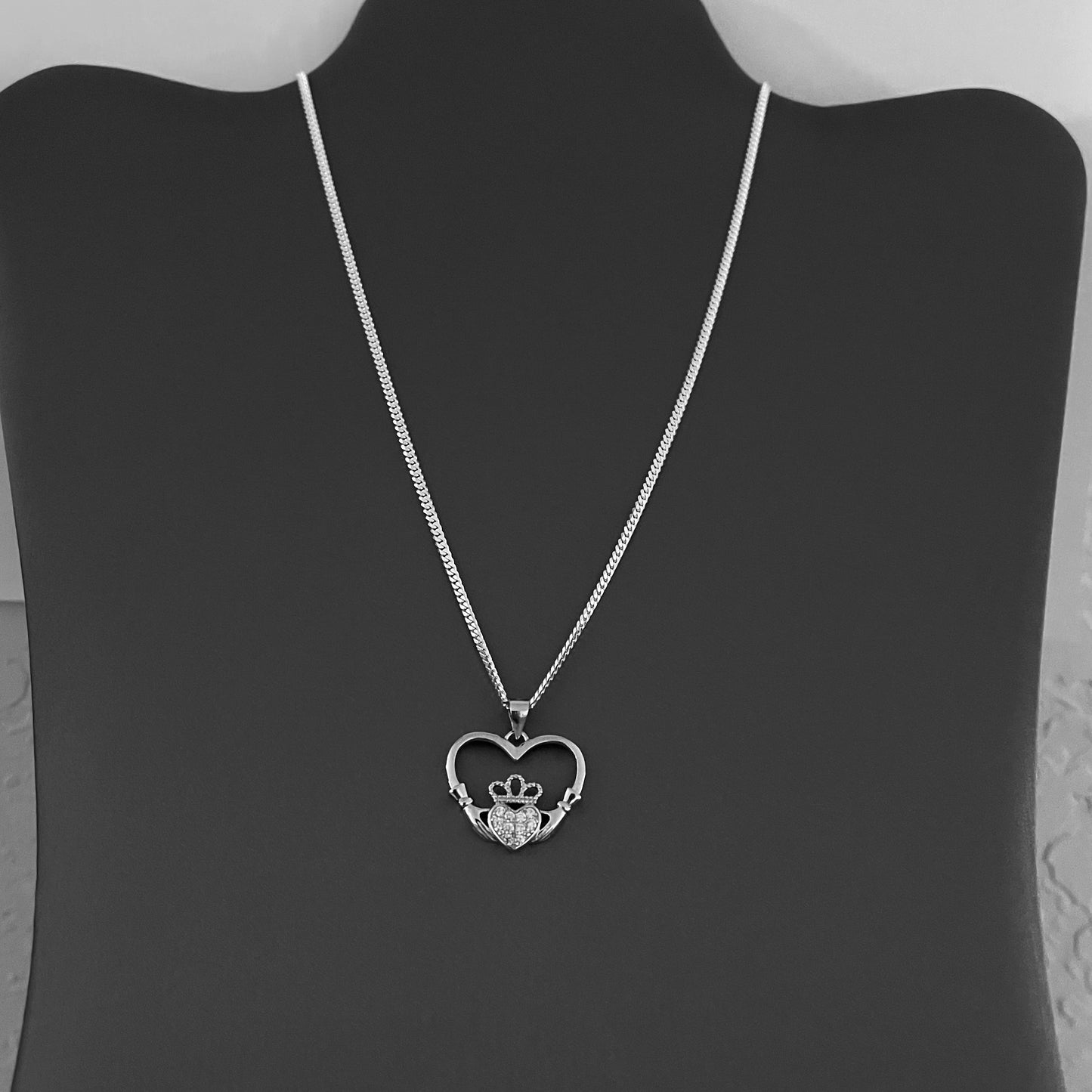 Sterling Silver Heart Hand Irish CZ Claddagh Necklace, Heart Hand Necklace