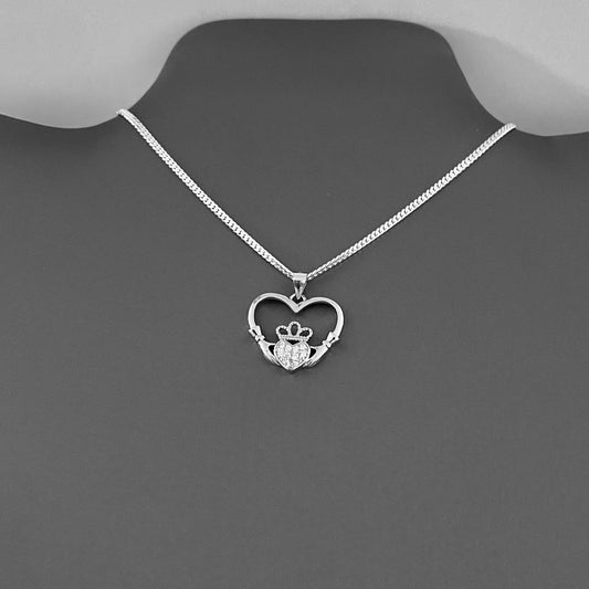 Sterling Silver Heart Hand Irish CZ Claddagh Necklace, Heart Hand Necklace