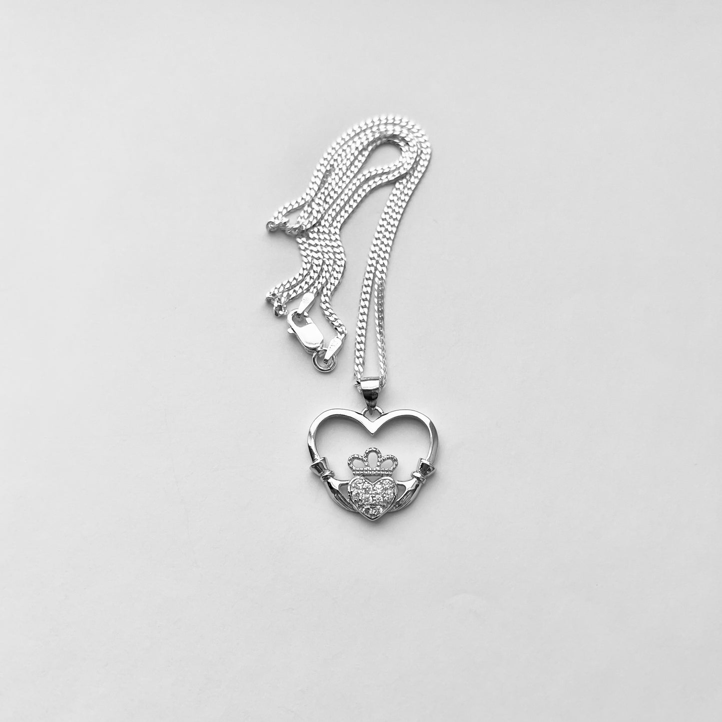 Sterling Silver Heart Hand Irish CZ Claddagh Necklace, Heart Hand Necklace