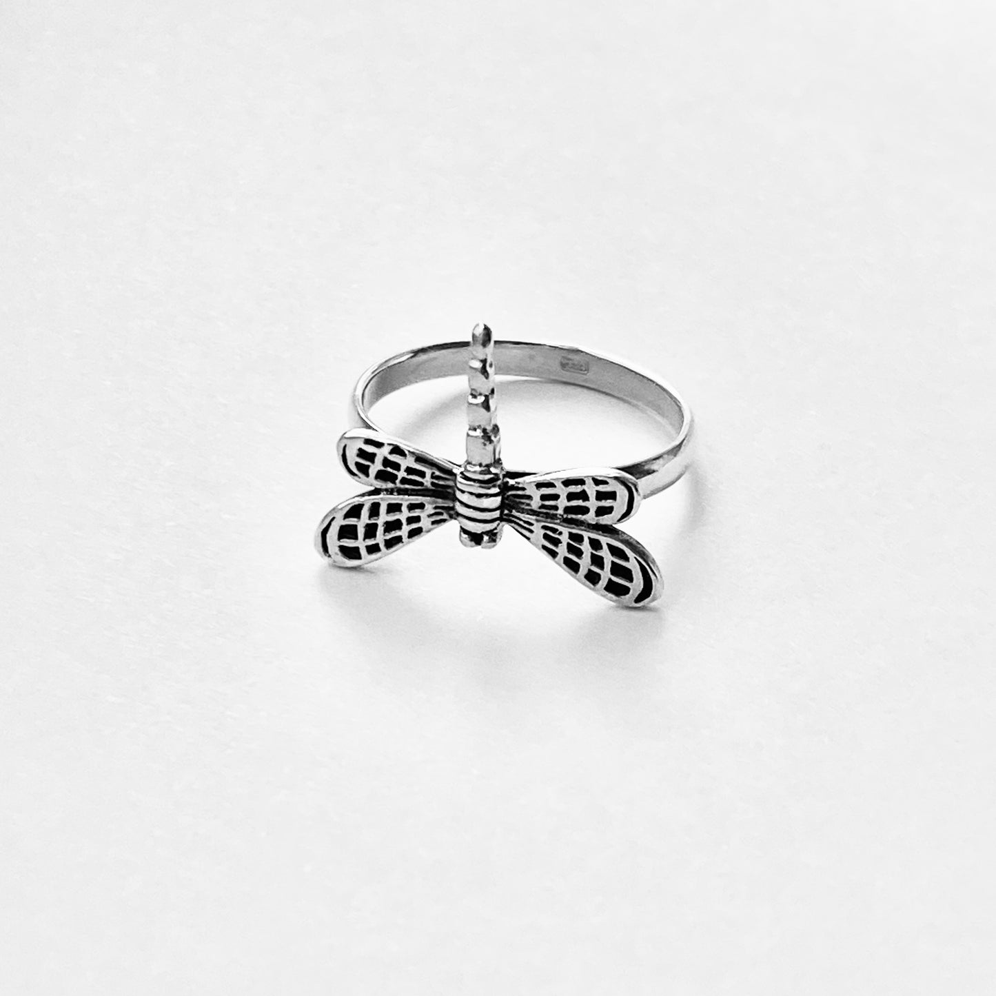 Sterling Silver Flying Dragonfly Ring with Checkered Wings, Bug Rings, Spirit Insect Jewelry