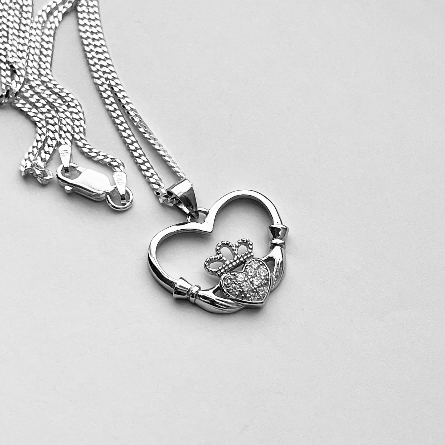 Sterling Silver Heart Hand Irish CZ Claddagh Necklace, Heart Hand Necklace