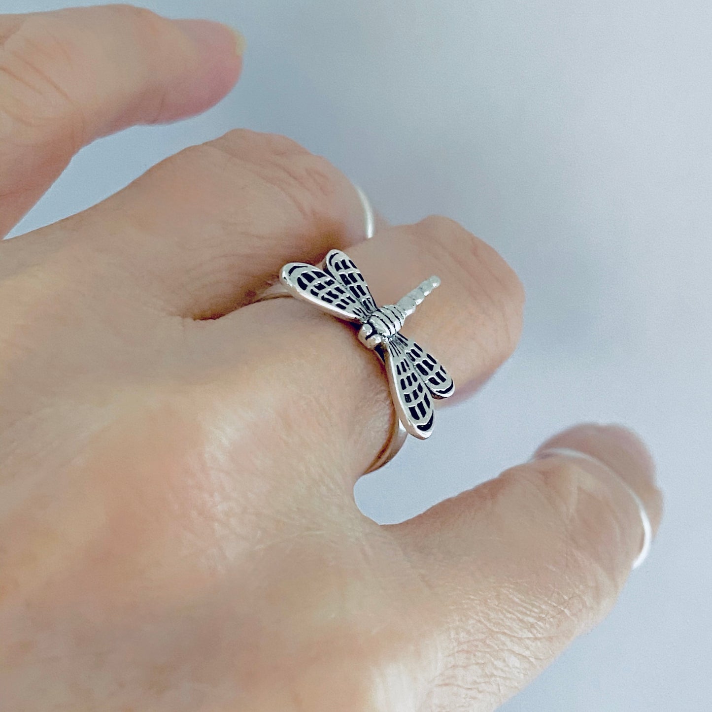 Sterling Silver Flying Dragonfly Ring with Checkered Wings, Bug Rings, Spirit Insect Jewelry