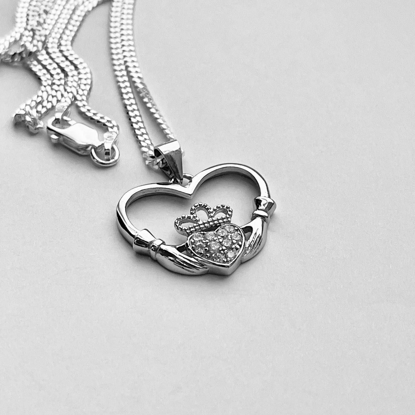 Sterling Silver Heart Hand Irish CZ Claddagh Necklace, Heart Hand Necklace