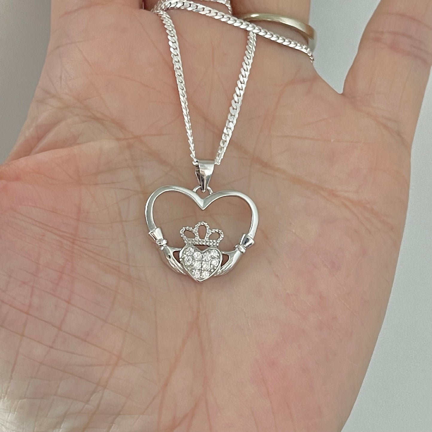 Sterling Silver Heart Hand Irish CZ Claddagh Necklace, Heart Hand Necklace