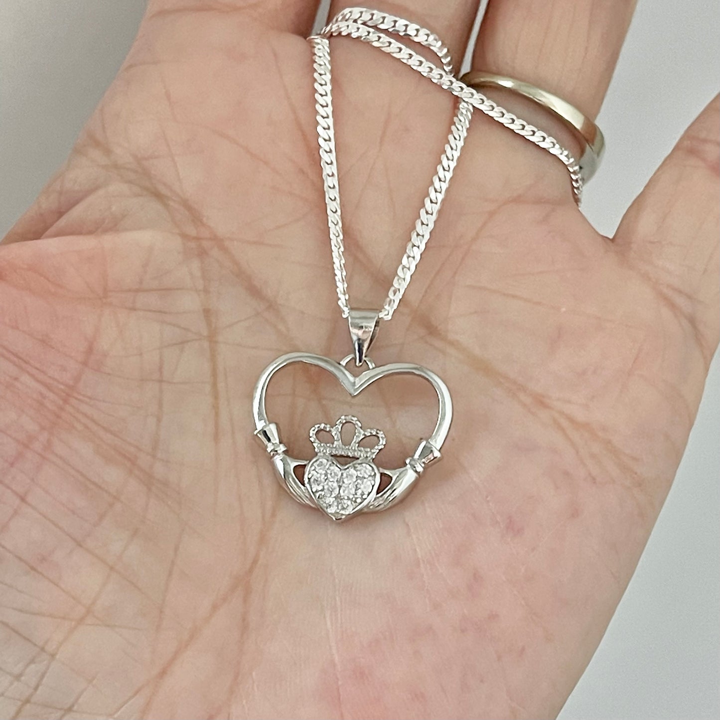 Sterling Silver Heart Hand Irish CZ Claddagh Necklace, Heart Hand Necklace