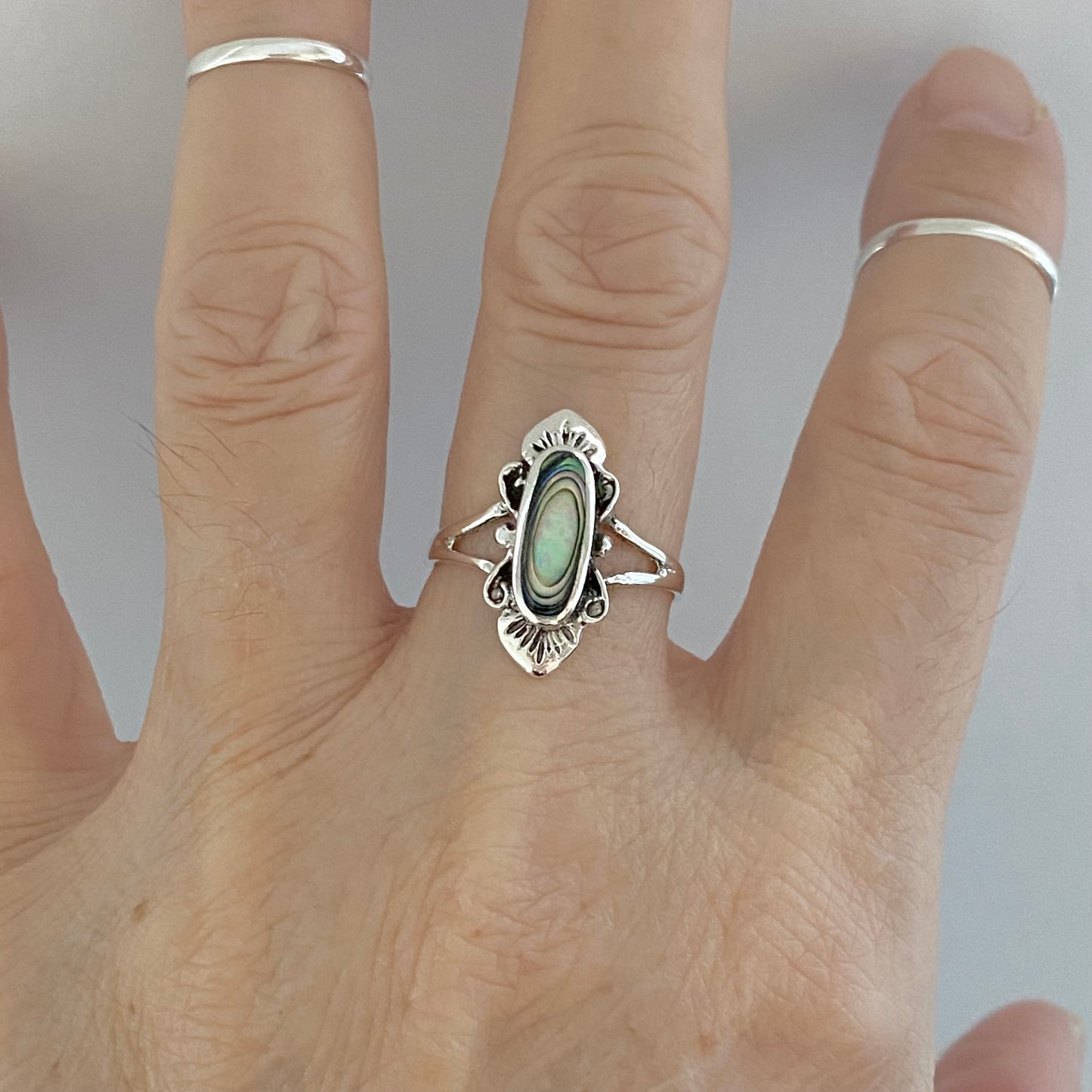 Sterling Silver Victorian Oval Abalone Ring, Seashell Silver Rings, Statement Ring