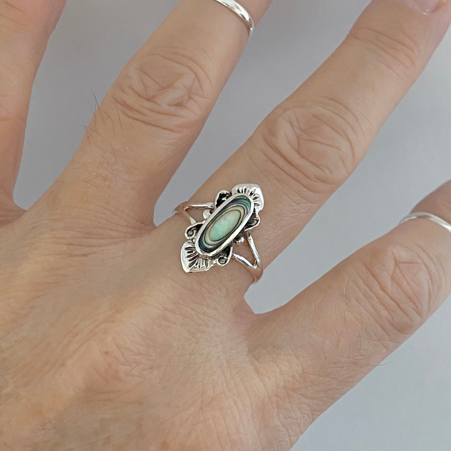 Sterling Silver Victorian Oval Abalone Ring, Seashell Silver Rings, Statement Ring