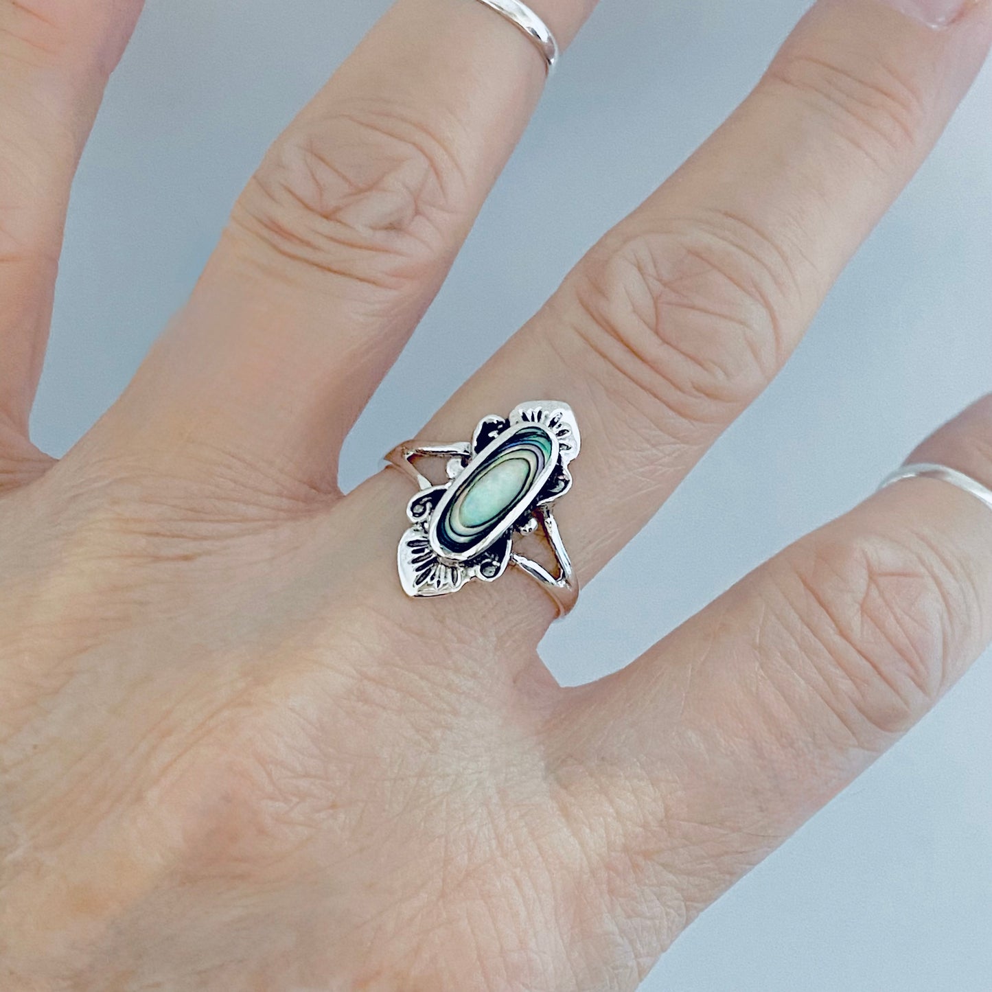 Sterling Silver Delicate Victorian Abalone Ring, Stone Seashell Rings, Ocean Shells