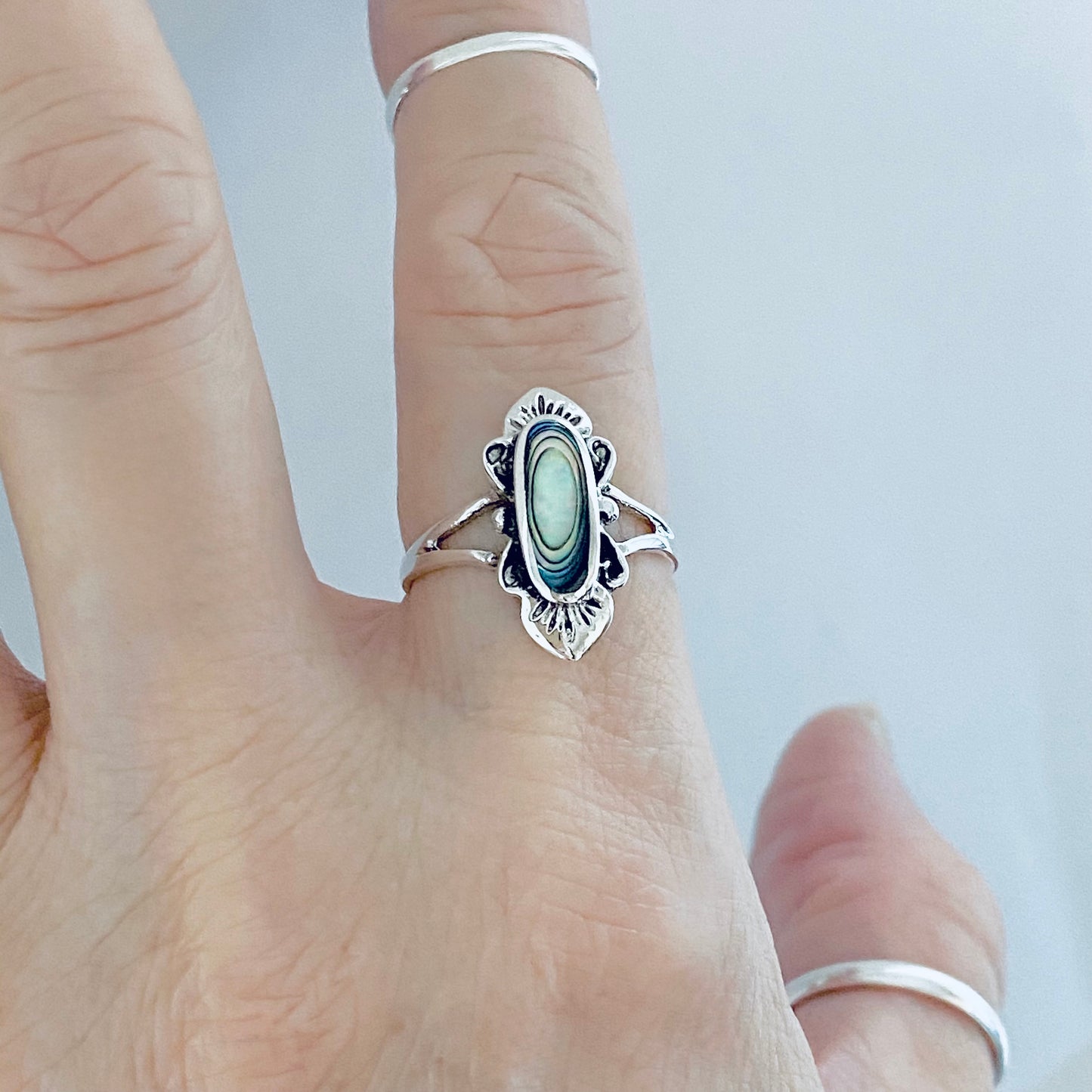 Sterling Silver Delicate Victorian Abalone Ring, Stone Seashell Rings, Ocean Shells