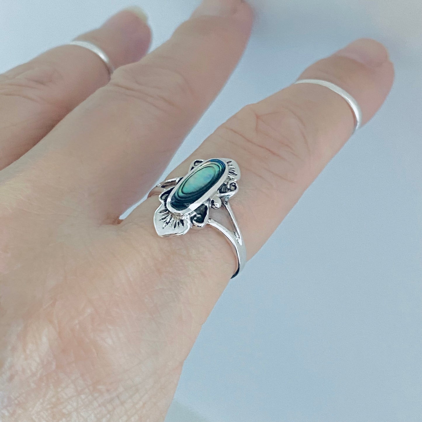 Sterling Silver Delicate Victorian Abalone Ring, Stone Seashell Rings, Ocean Shells