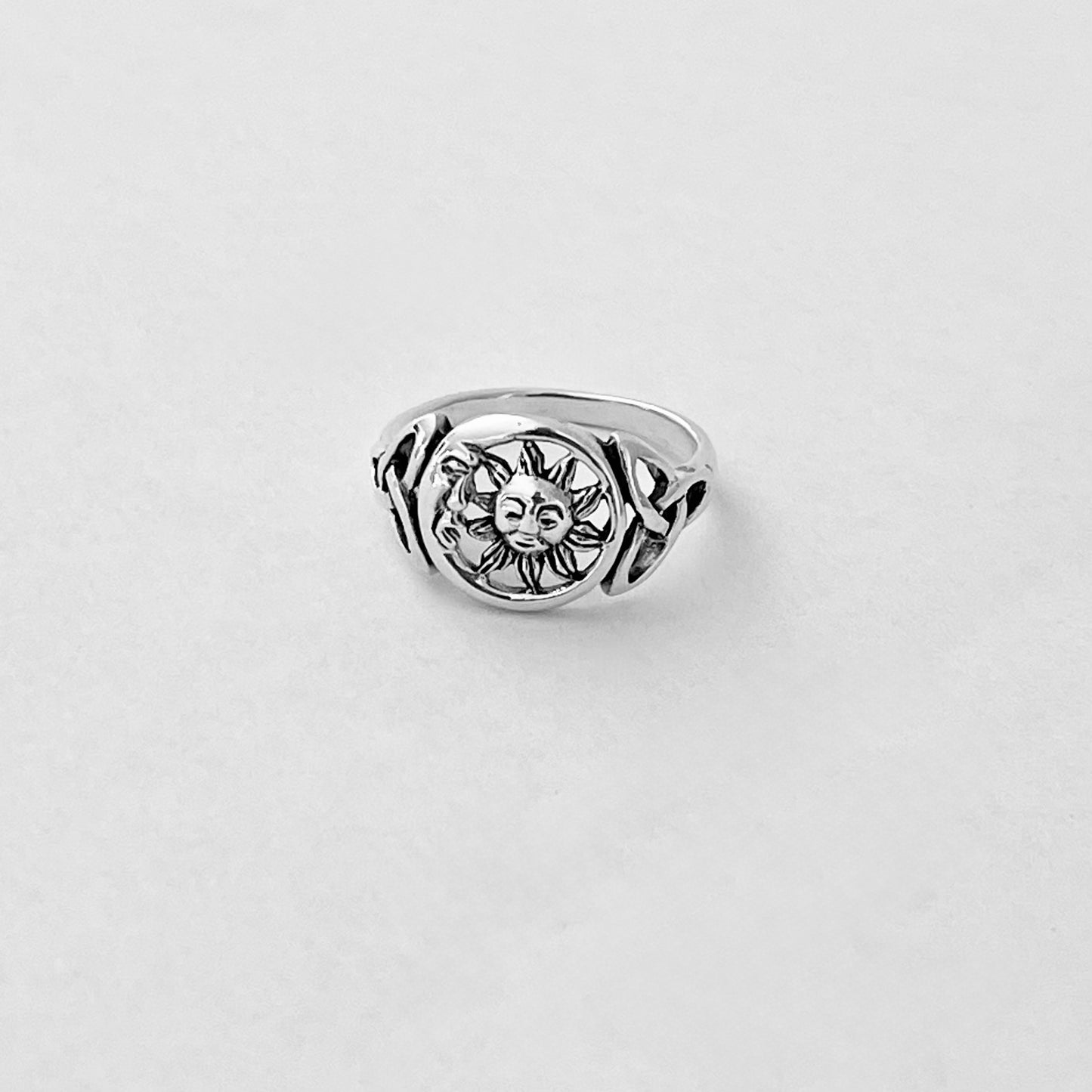 Sterling Silver Sun and Moon Face Ring with Triquetra – Celestial Celtic Boho Silver Rings