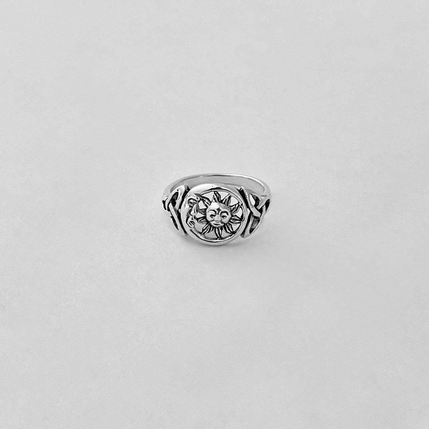 Sterling Silver Sun and Moon Face Ring with Triquetra – Celestial Celtic Boho Silver Rings