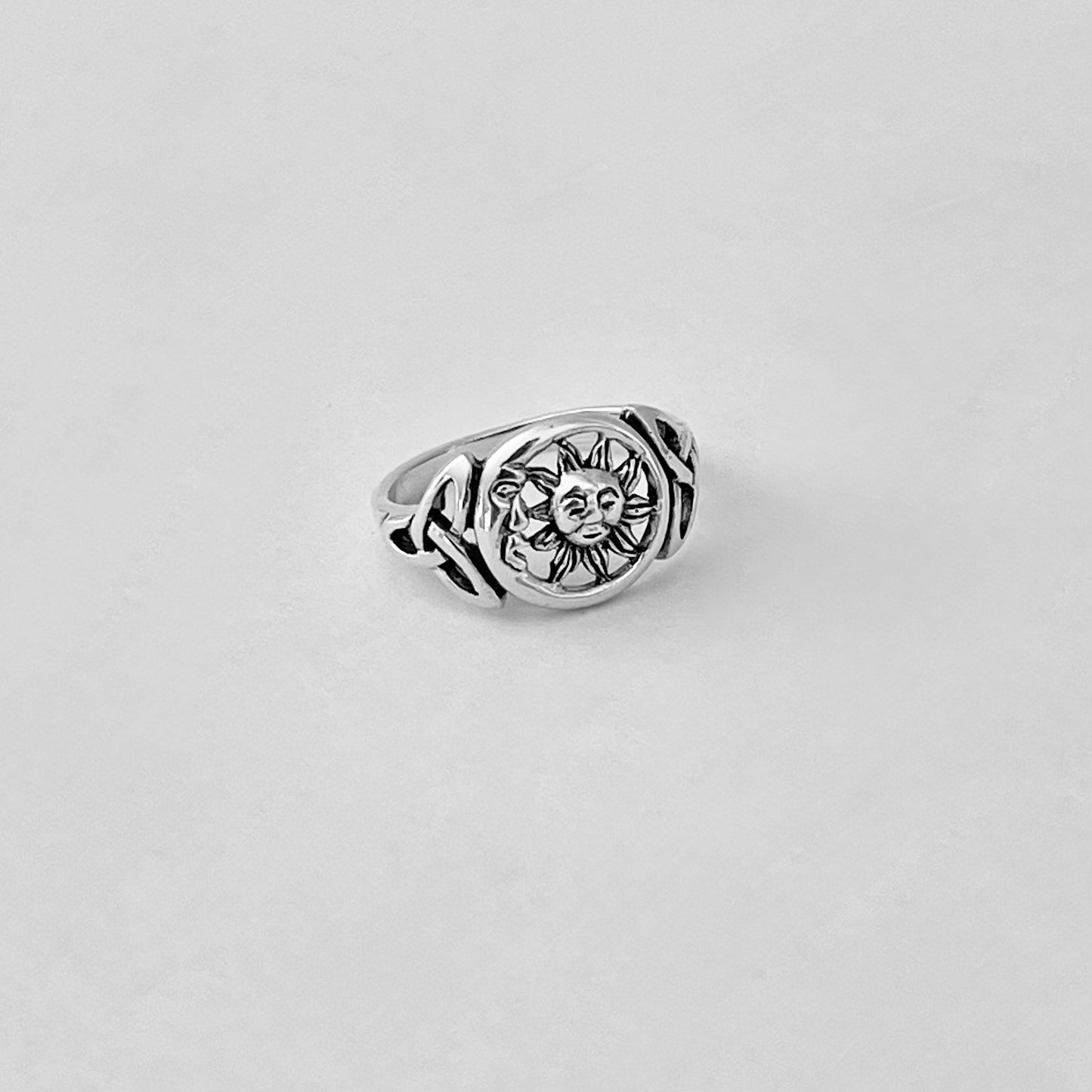 Sterling Silver Sun and Moon Face Ring with Triquetra – Celestial Celtic Boho Silver Rings