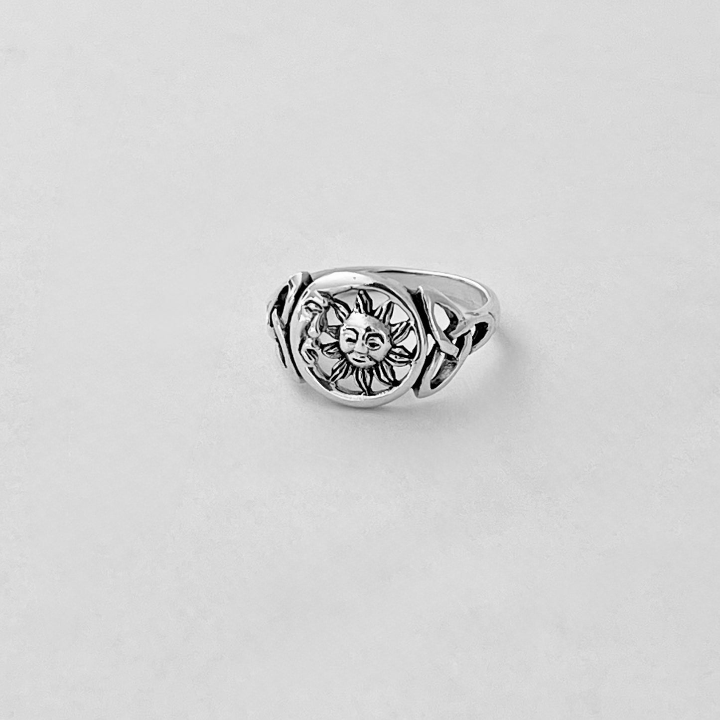 Sterling Silver Sun and Moon Face Ring with Triquetra – Celestial Celtic Boho Silver Rings