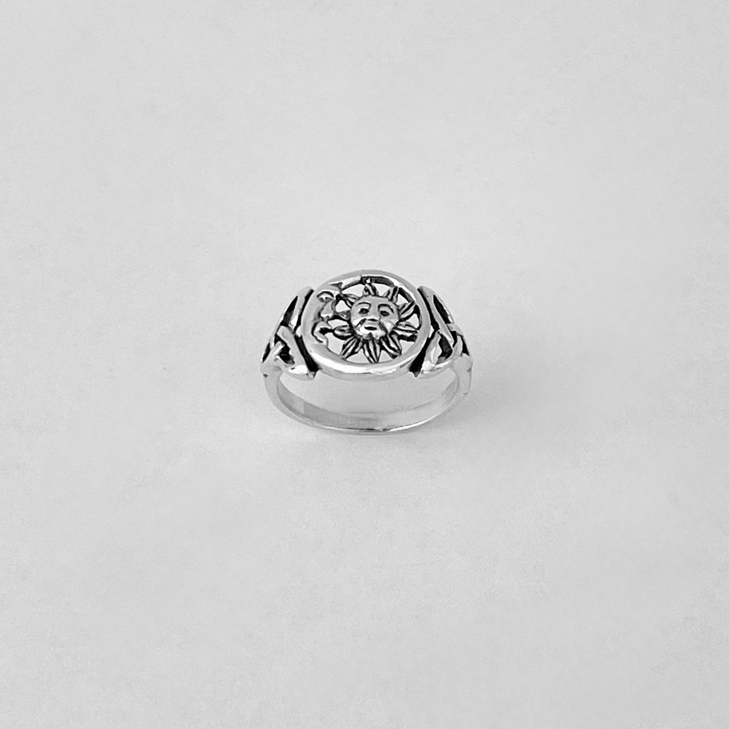 Sterling Silver Sun and Moon Face Ring with Triquetra – Celestial Celtic Boho Silver Rings