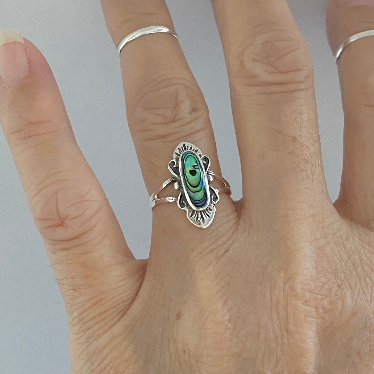 Sterling Silver Victorian Oval Abalone Ring, Seashell Silver Rings, Statement Ring