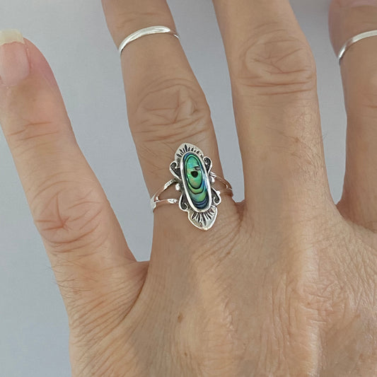 Sterling Silver Victorian Oval Abalone Ring, Seashell Silver Rings, Statement Ring