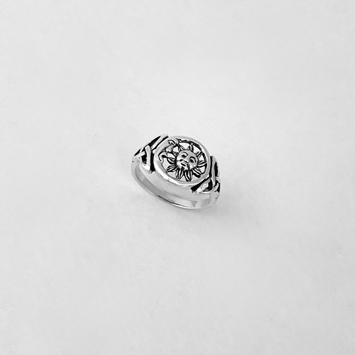 Sterling Silver Sun and Moon Face Ring with Triquetra – Celestial Celtic Boho Silver Rings