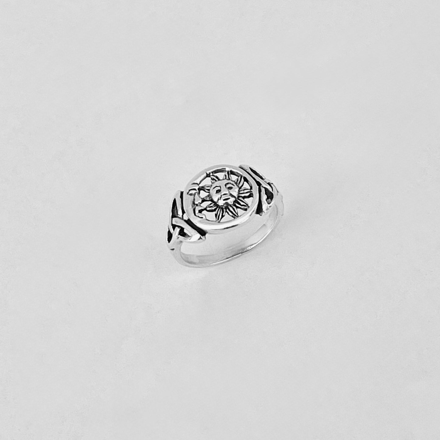 Sterling Silver Sun and Moon Face Ring with Triquetra – Celestial Celtic Boho Silver Rings