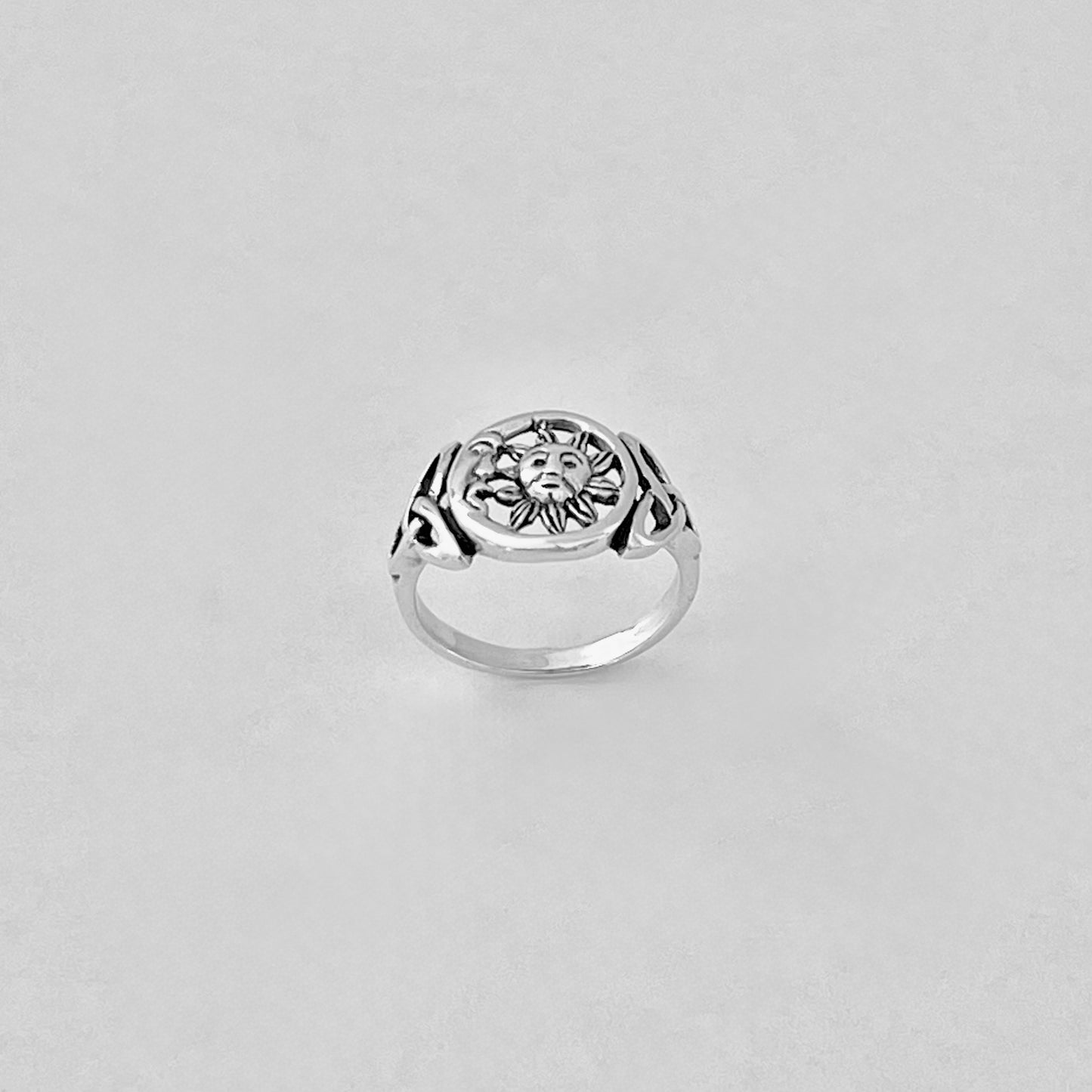 Sterling Silver Sun and Moon Face Ring with Triquetra – Celestial Celtic Boho Silver Rings