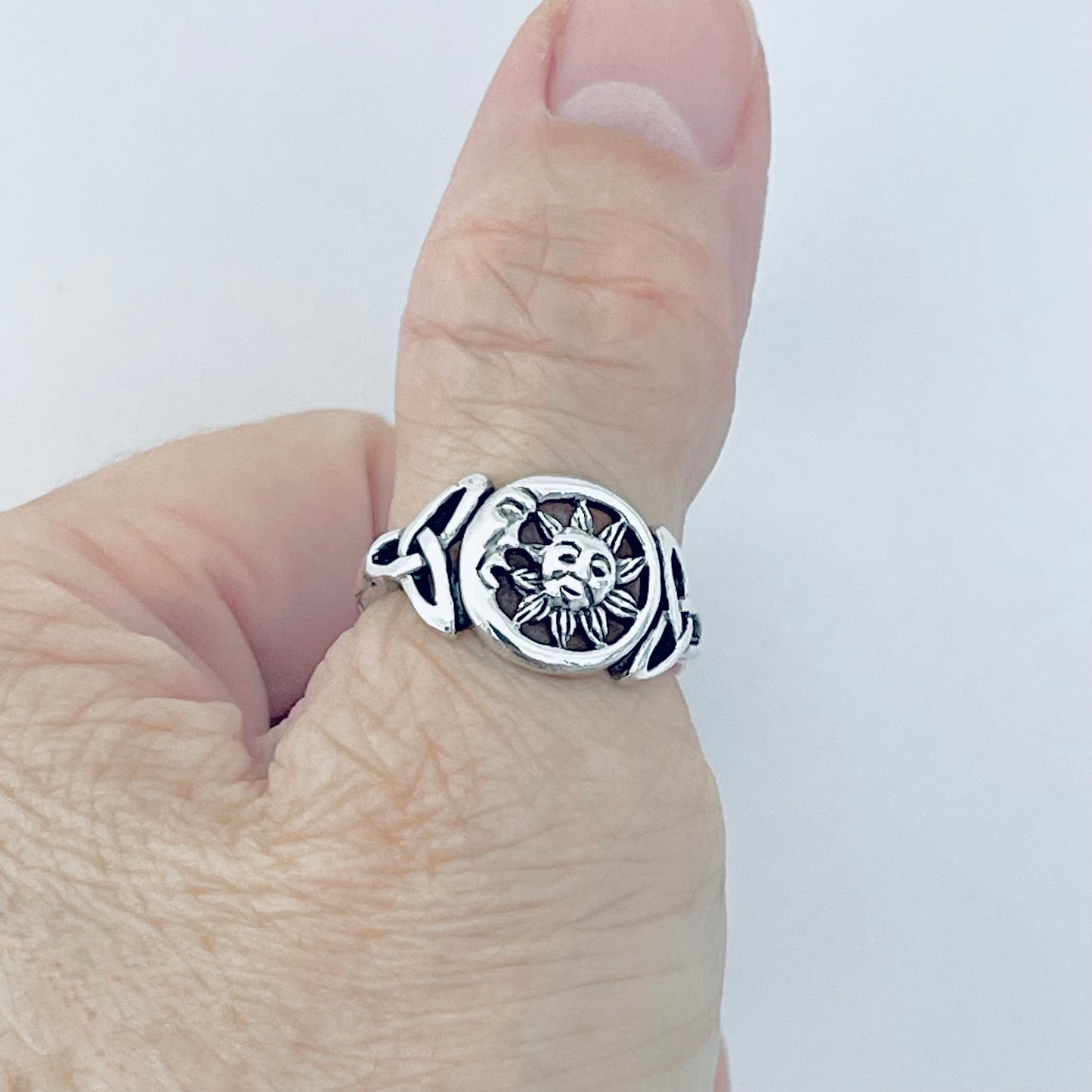 Sterling Silver Sun and Moon Face Ring with Triquetra – Celestial Celtic Boho Silver Rings
