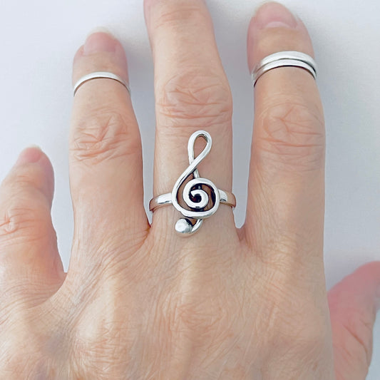 Sterling Silver Large Music Note Ring – Clef Statement Silver Ring for Musicians