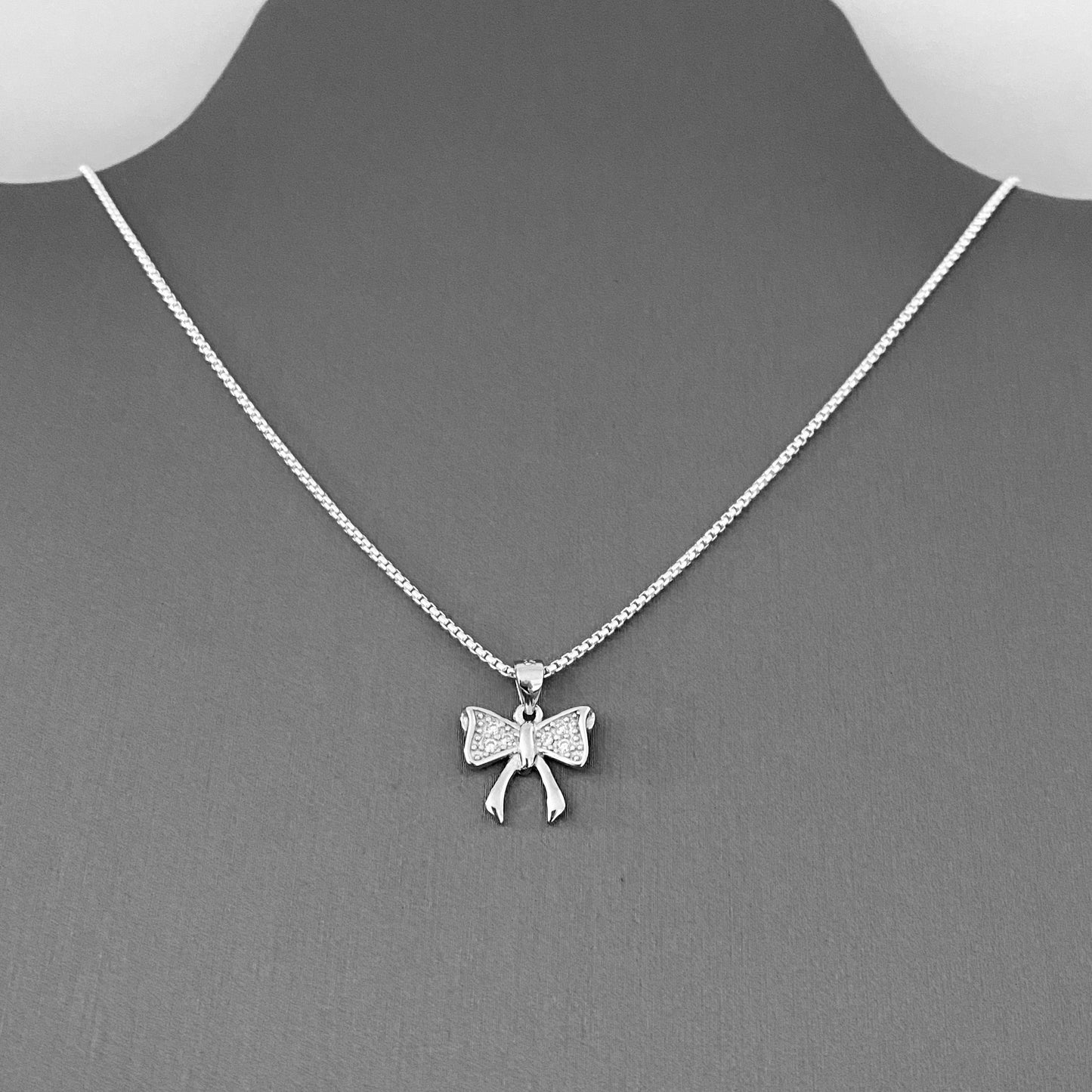 Sterling Silver Minimalist CZ Bow Necklace, Silver Necklaces, Bow Tie Chains