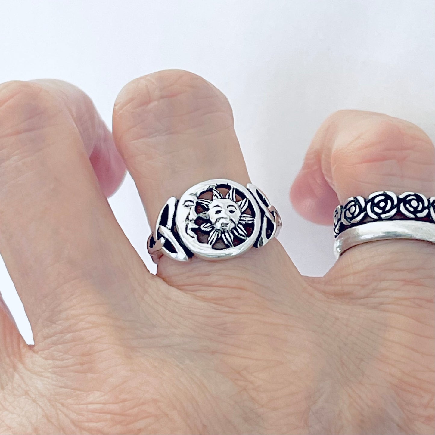 Sterling Silver Sun and Moon Face Ring with Triquetra – Celestial Celtic Boho Silver Rings